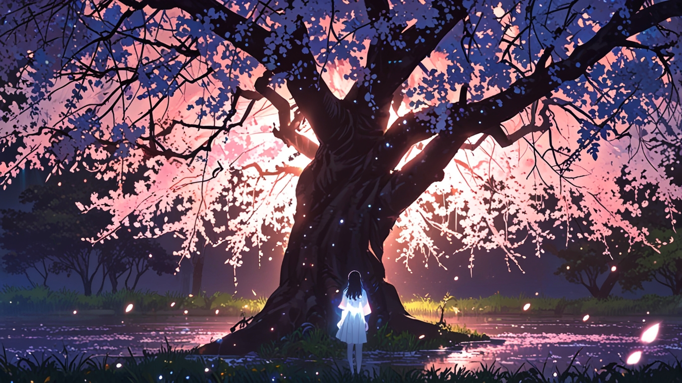 夜、大きな桜の木の前に女性が立つ